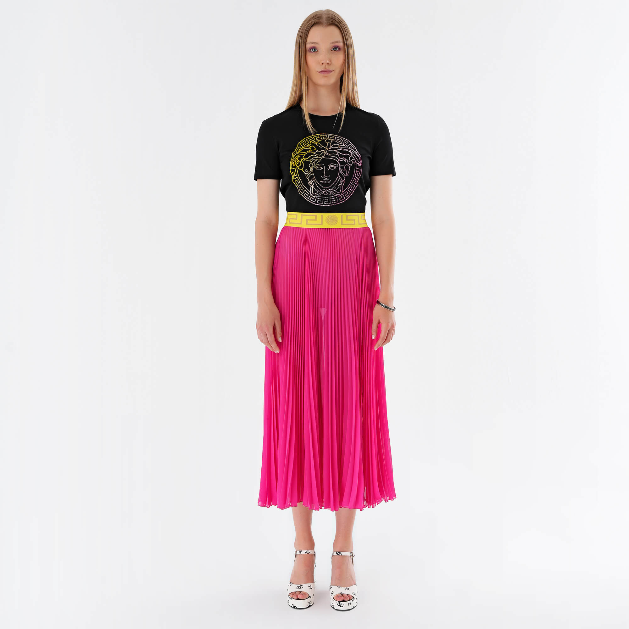 Versace - Pink & Yellow Printed Silk Long Skirt 40 